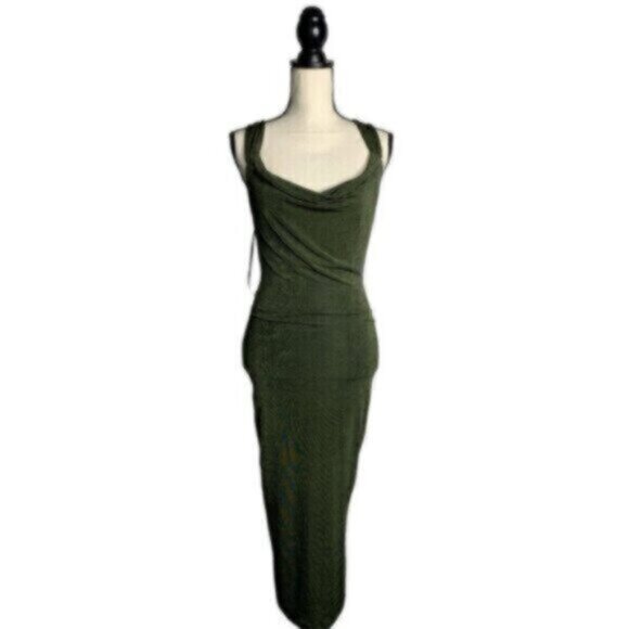 NWT Jluxlabel Olive Draped Back Fitted Silhouette Midi Dress With Crystal Accent - Picture 6 of 12